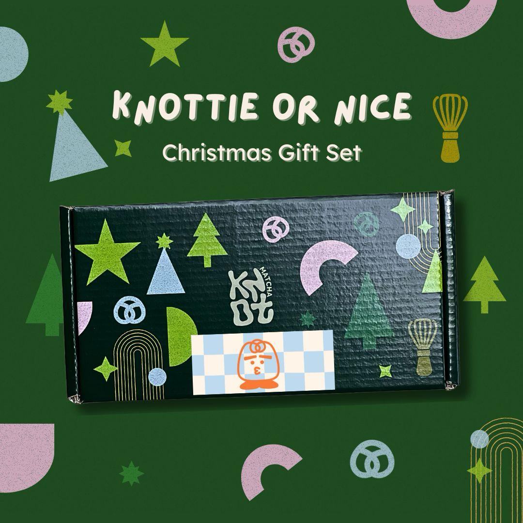 Christmas gift set packaging with geometric shapes and text on a green background
